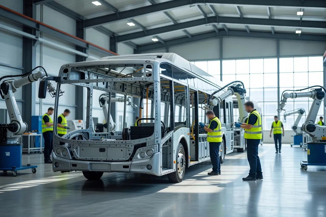 Chaîne d'assemblage d'un bus électrique dans une usine polonaise moderne, avec bras robotisés et techniciens en gilets de sécurité
