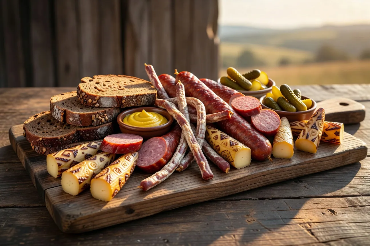 Plateau de charcuteries polonaises traditionnelles : kielbasa fumée, kabanosy, oscypek, pain de seigle et moutarde sur planche en bois 2026