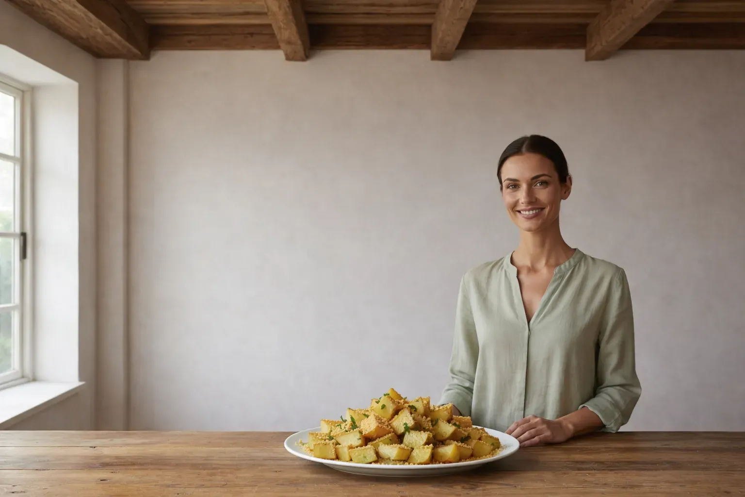Femme souriante dans une cuisine claire, derrière une table en bois portant un plat de gnocchis de pommes de terre au beurre et à la chapelure