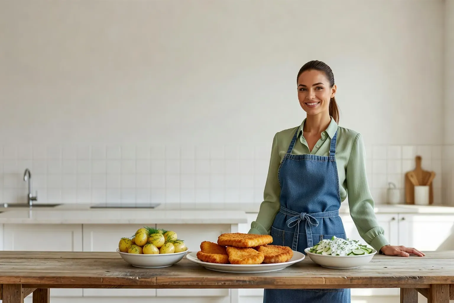 Cuisinière souriante derrière une longue table en bois portant un plat de kotlets schabowy dorés, pommes de terre à l'aneth et salade de concombre
