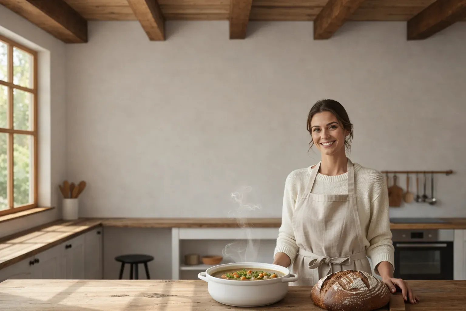 Cuisinière souriante derrière une longue table en bois portant une soupière de krupnik fumant, soupe d'orge perlé aux carottes