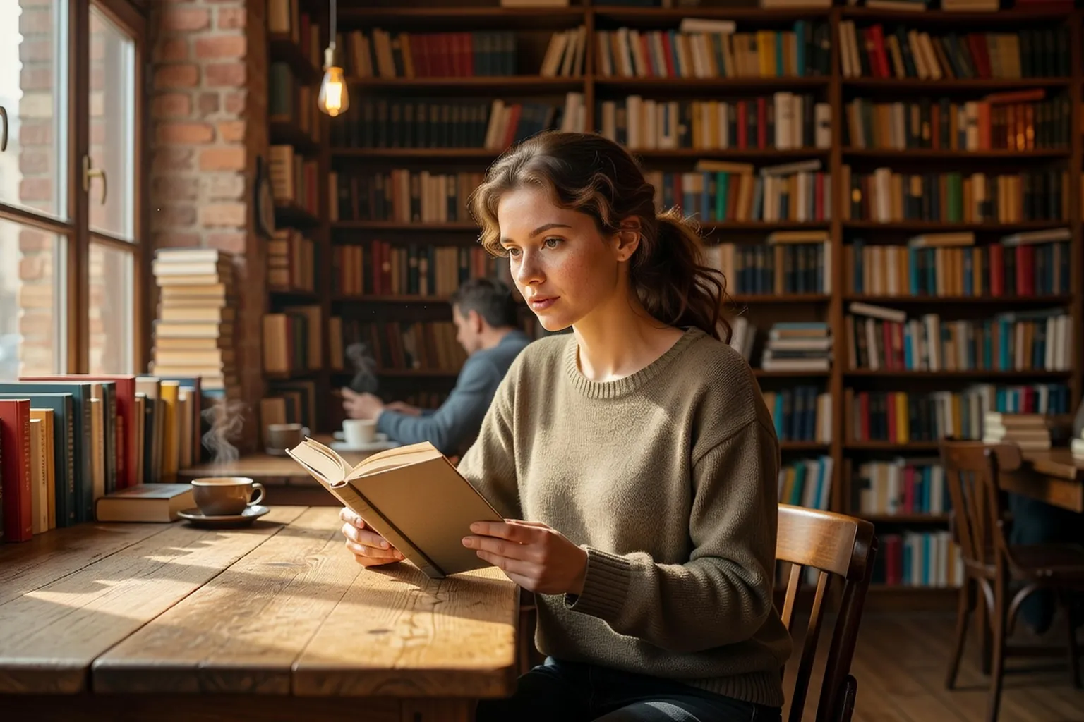 Jeune femme lisant un livre à couverture neutre dans une librairie-café de Varsovie, étagères de volumes floutées en arrière-plan