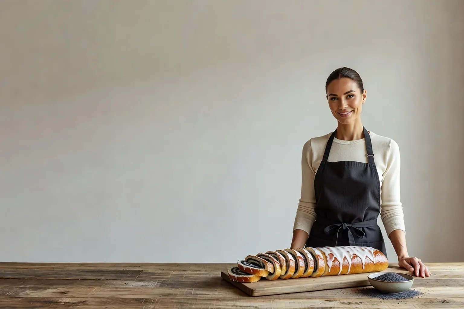 Femme souriante derrière une table en bois dans une cuisine lumineuse, devant un makowiec tranché montrant sa spirale de pavot