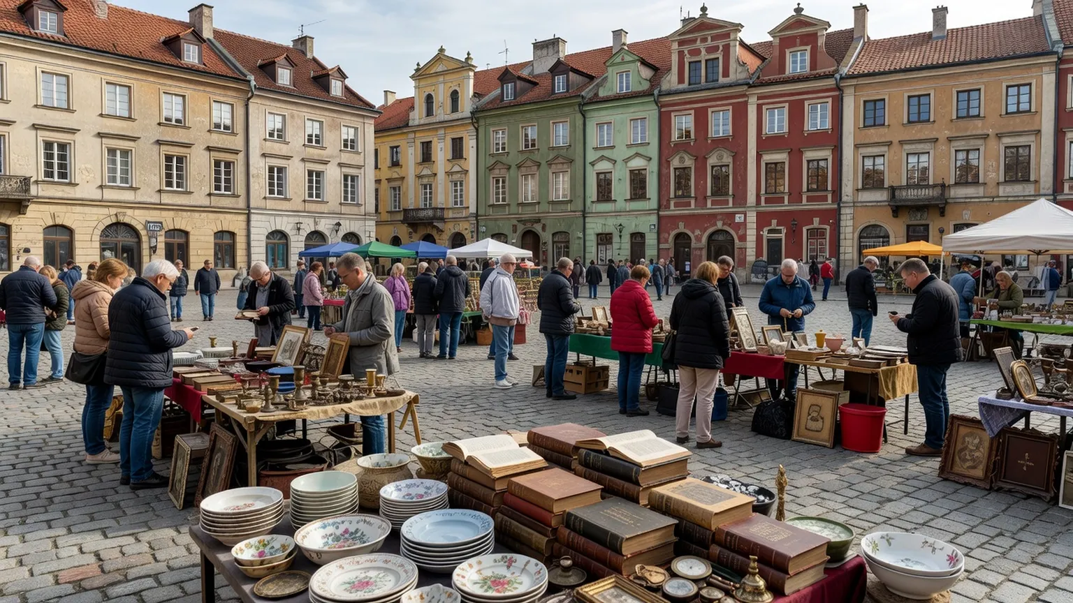Étal de brocante en extérieur avec objets vintage et céramique polonaise exposés