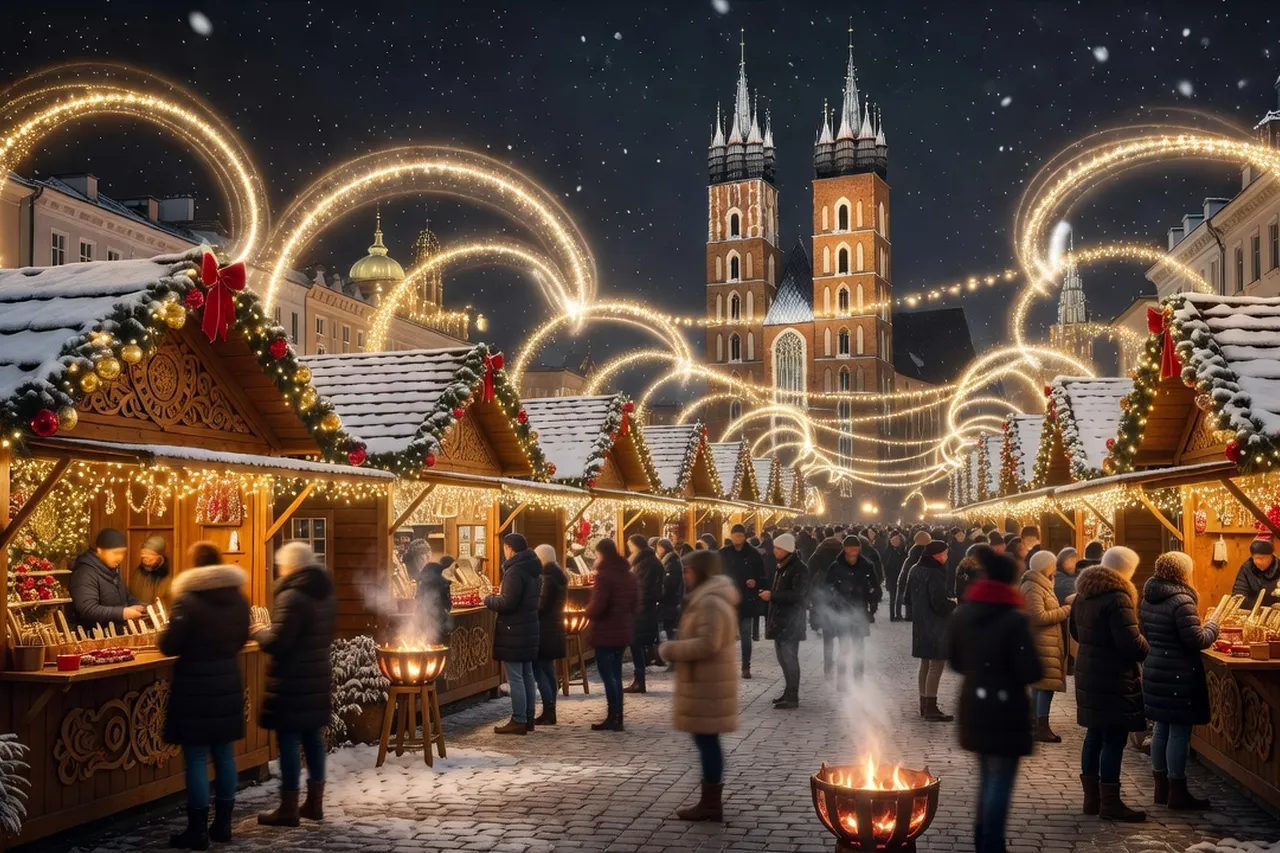 Marché de Noël de Cracovie illuminé sous la neige, chalets en bois et ambiance féerique de l'Avent polonais