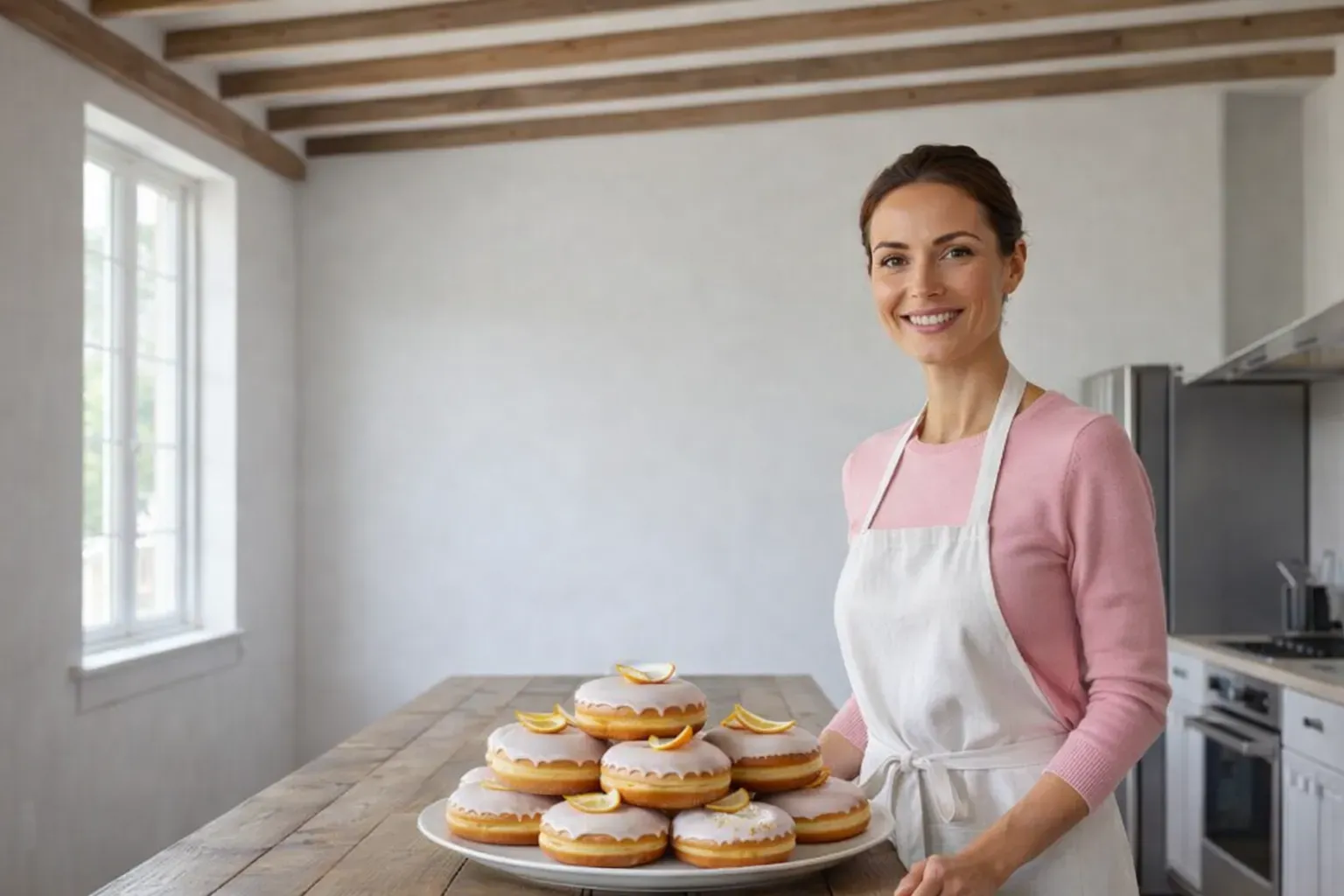 Femme souriante derrière une table en bois dans une cuisine lumineuse, devant un plat de pączki glacés dorés et sucrés