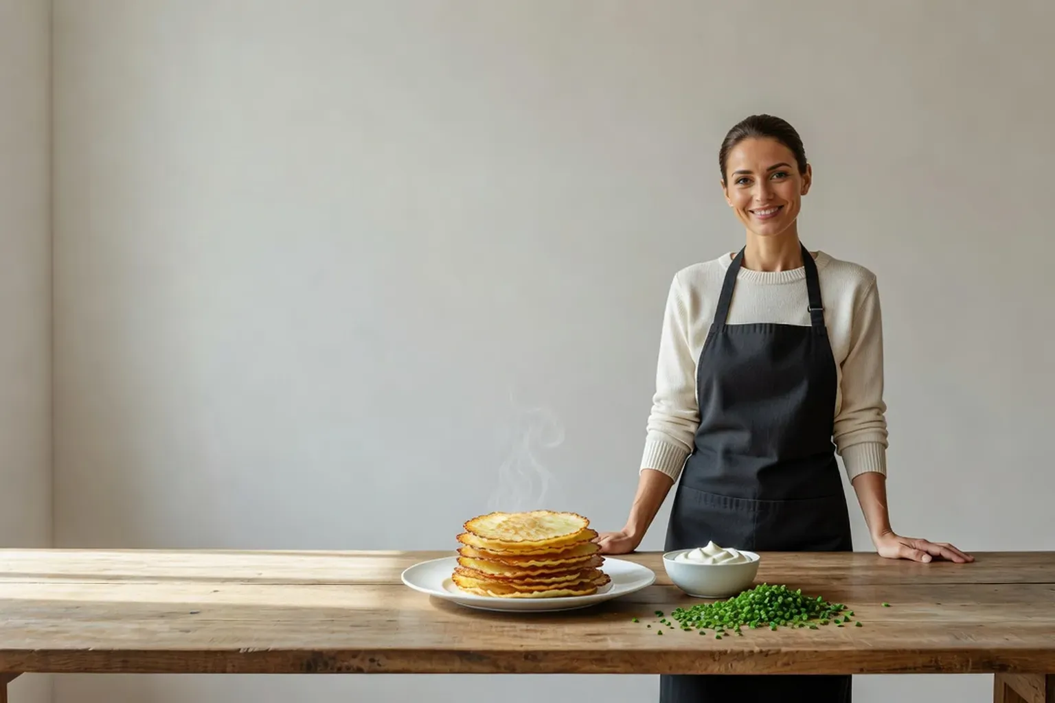 Femme souriante derrière une table en bois dans une cuisine lumineuse, avec une assiette de galettes de pommes de terre dorées