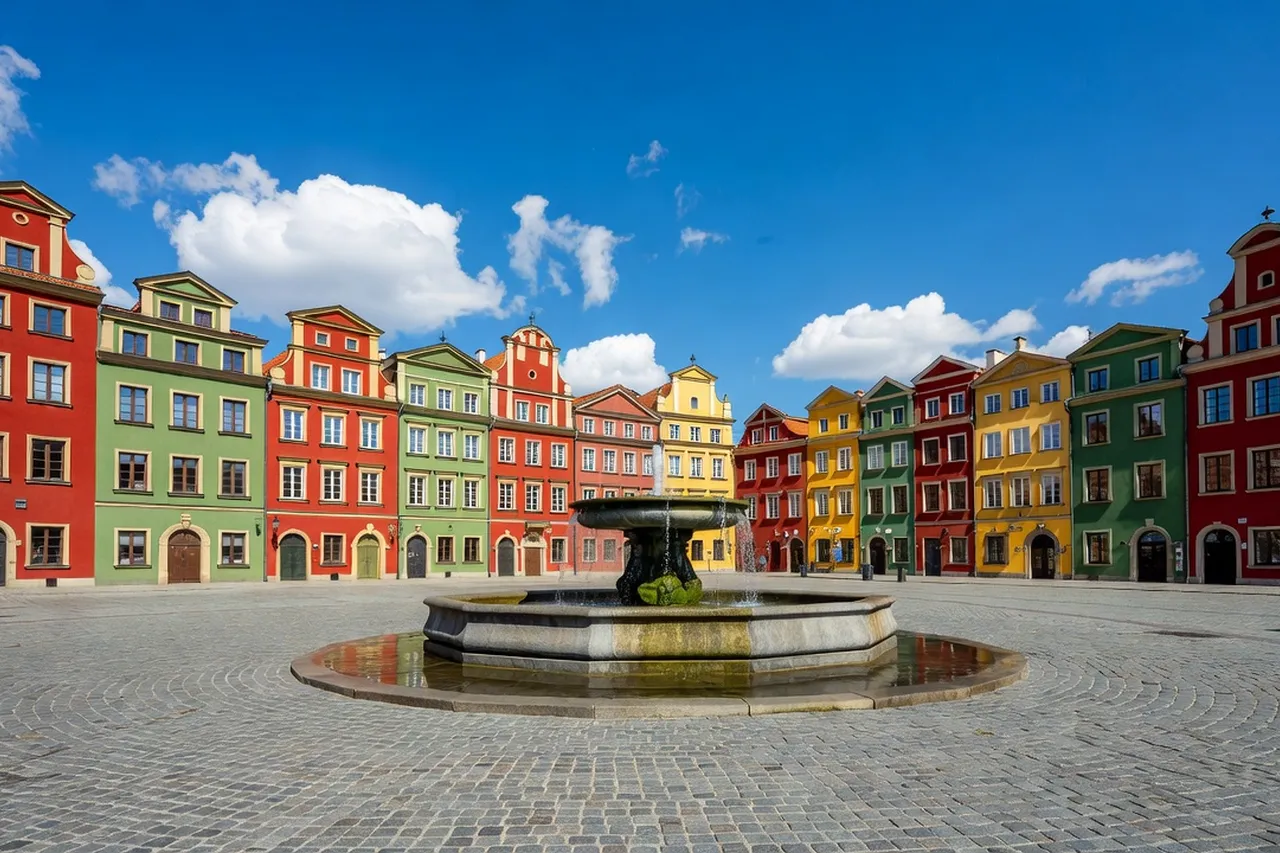 Stary Rynek de Poznań, place du marché médiévale avec ses façades colorées Renaissance et ciel bleu