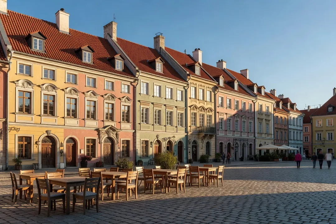 Place de vieille ville polonaise à la lumière dorée, maisons baroques pastel et terrasse de café pavée