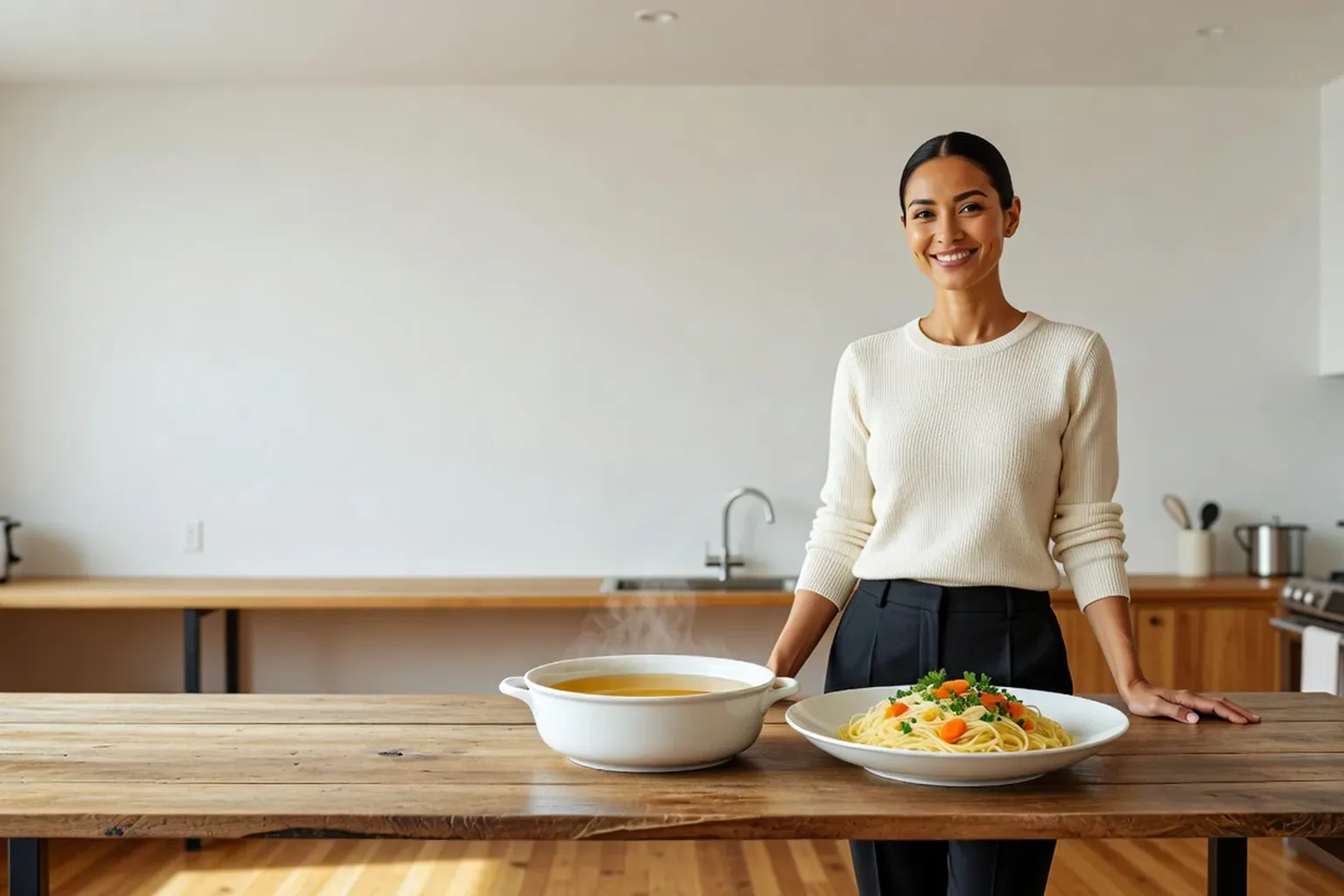 Cuisinière souriante derrière une longue table en bois portant une soupière de rosół doré et un bol de nouilles fines dans une cuisine lumineuse