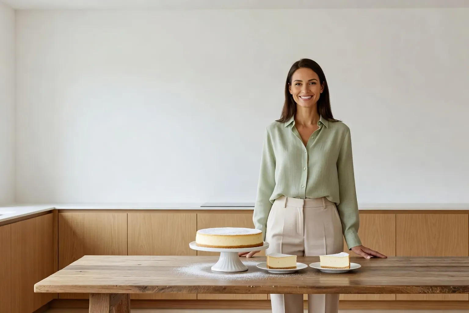 Cuisinière souriante derrière une longue table en bois portant un sernik doré saupoudré de sucre glace, déjà découpé en parts