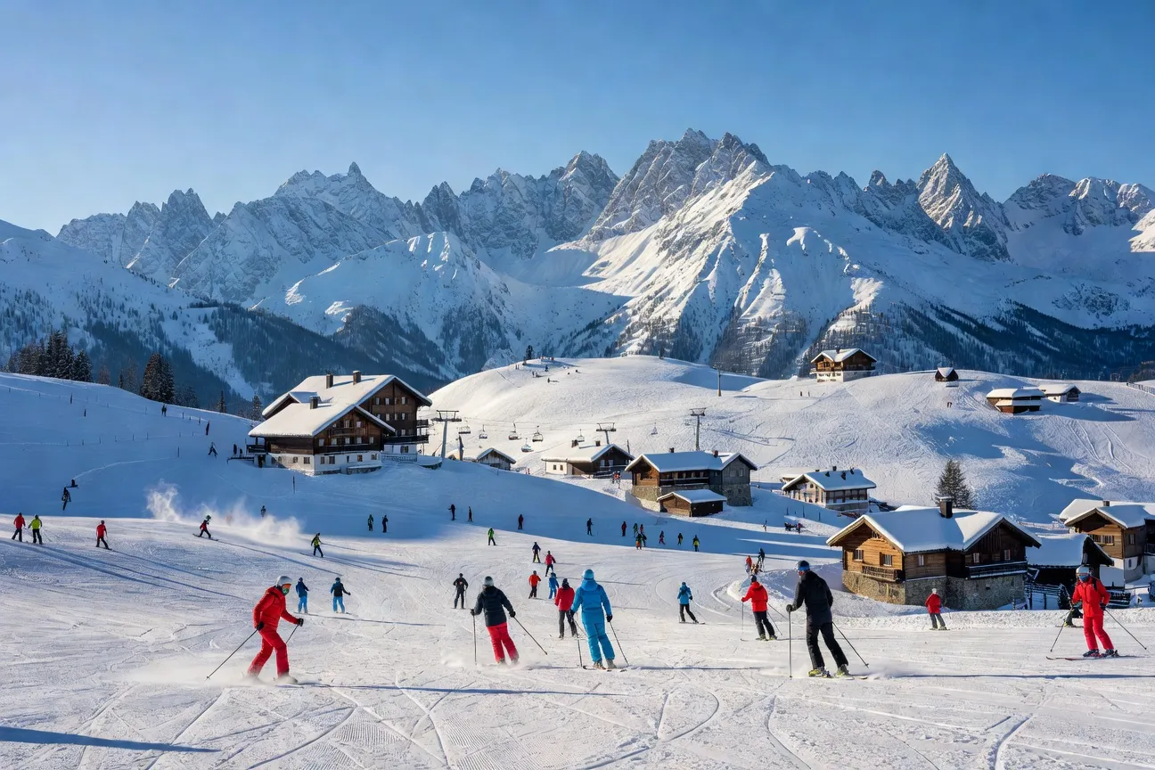 Panorama des pistes enneigées de Zakopane avec les Tatras en arrière-plan, ciel bleu, skieurs en action