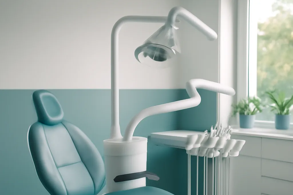 Cabinet dentaire moderne et lumineux en Pologne, fauteuil de soins et équipement contemporain devant une large fenêtre