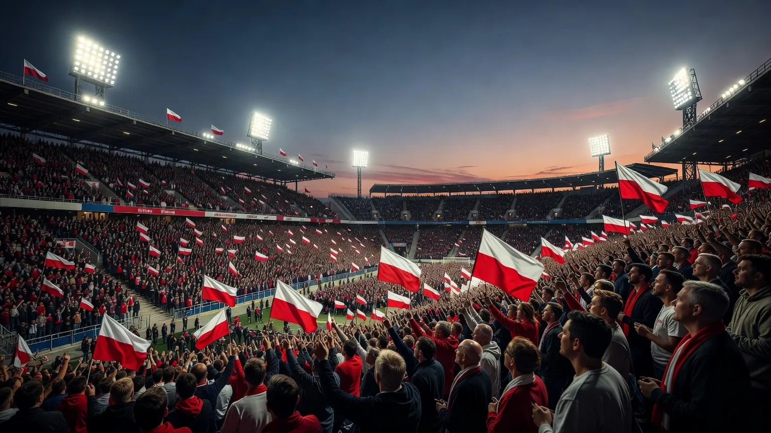 Stade de football polonais ambiance de match avec supporters dans les tribunes