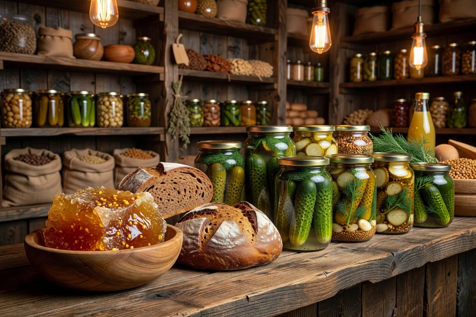 Étal d'épicerie bio polonaise : miel de forêt, pain de seigle, bocaux de pickles et produits naturels