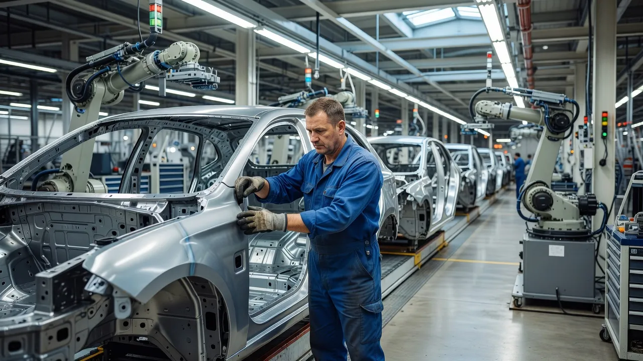 Ouvrier automobile inspectant une carrosserie sur une chaîne de montage dans une usine polonaise moderne