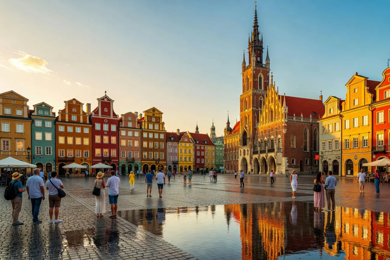 Place du Rynek de Wrocław avec hôtel de ville gothique et maisons colorées au coucher du soleil, Pologne 2026