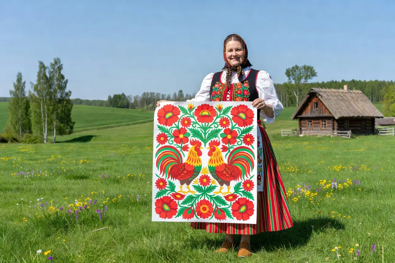 Artisane polonaise tenant une wycinanki multicolore complexe avec motifs floraux et oiseaux symétriques sur fond blanc 2026, full head and face visible with space above hair, NOT portrait orientation, Wide landscape composition (3:2 horizontal format)