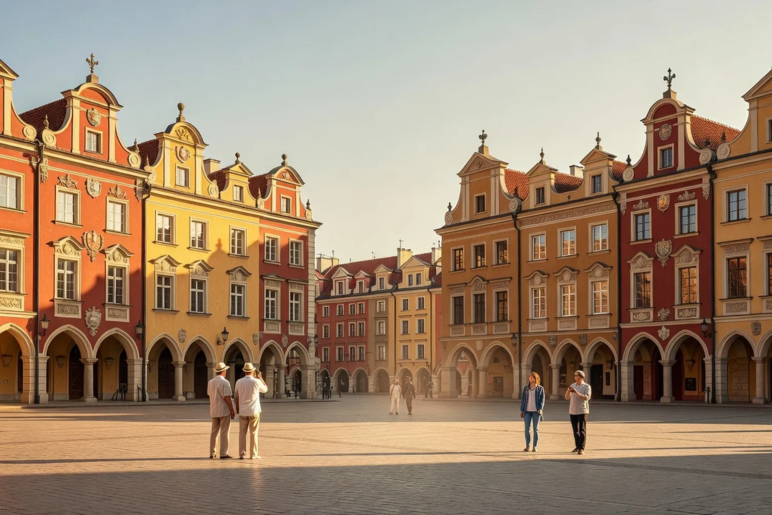 Touristes sur la place du marché de Zamość entourée de maisons Renaissance à arcades et pignons colorés