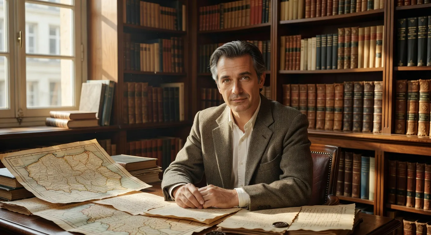 Portrait éditorial d'un historien spécialiste de l'Europe centrale dans une bibliothèque universitaire