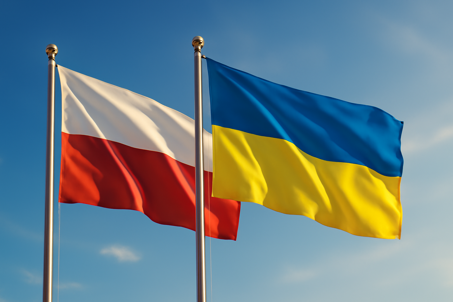 Drapeaux polonais et ukrainien côte à côte symbolisant la solidarité entre les deux pays