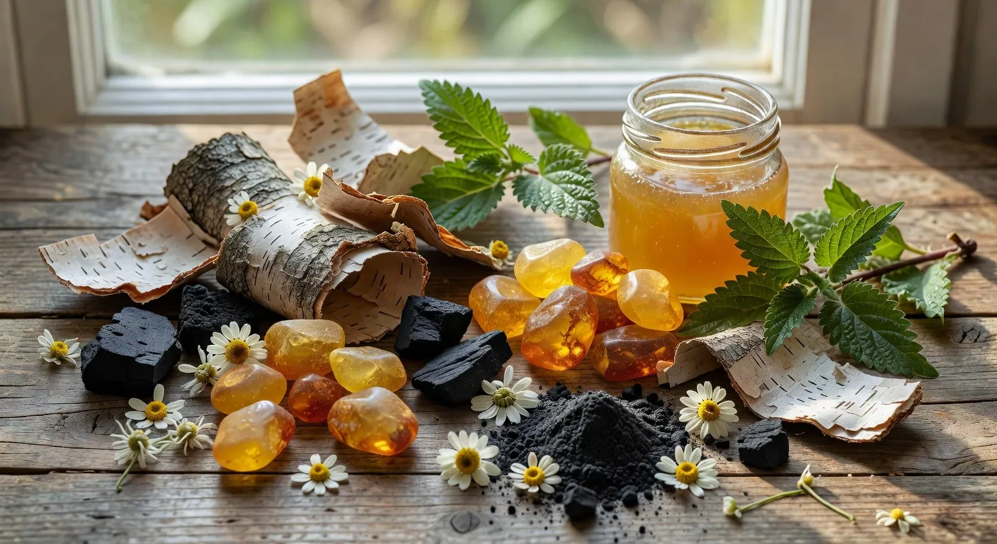 Ingrédients cosmétiques polonais traditionnels ambre charbon et plantes
