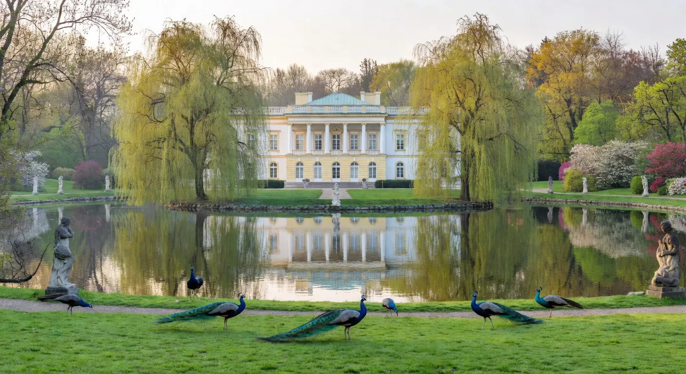 Palais Lazienki Varsovie au bord d un etang avec ses paons dans les jardins royaux