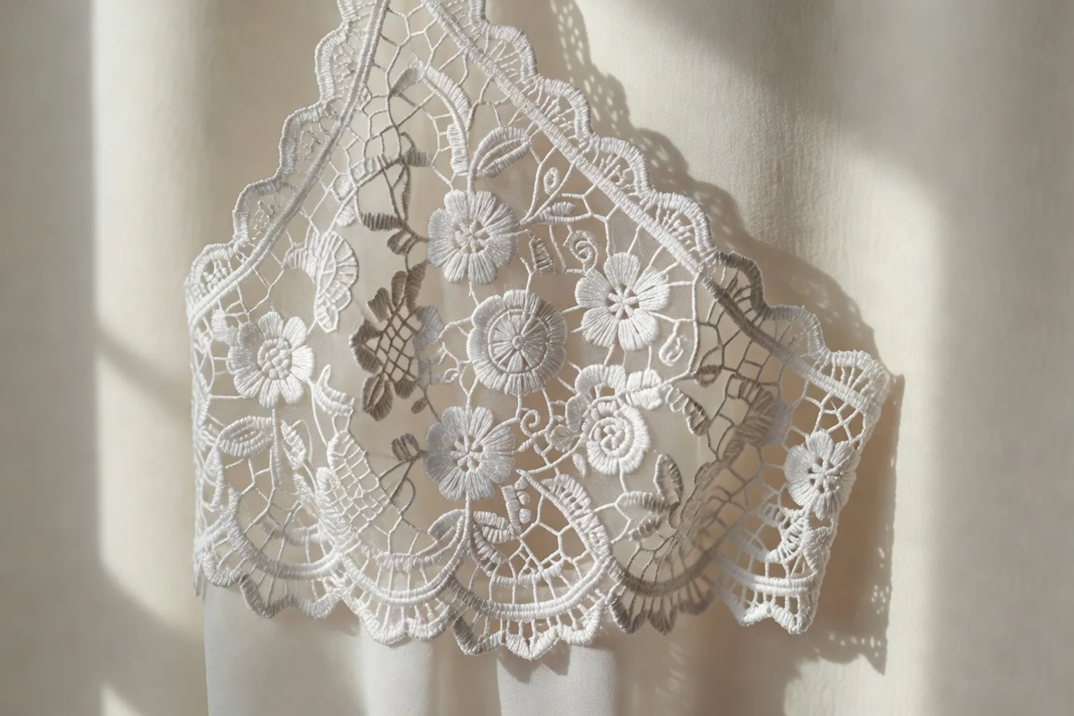 Detail de dentelle de Koniakow blanche au crochet sur soutien gorge polonais