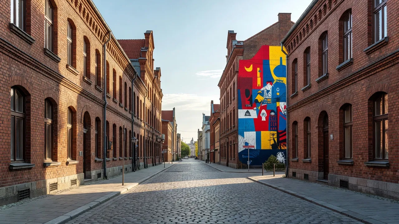 Rue Piotrkowska à Łódź bordée de façades industrielles en brique restaurées et d'une grande fresque murale colorée