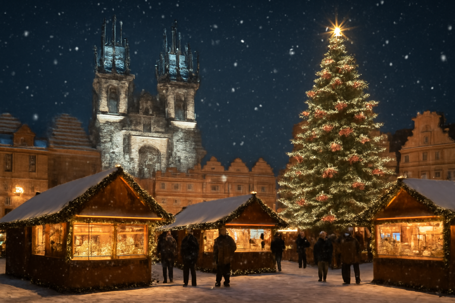 Marché de Noël illuminé sur la place du marché de Cracovie avec la basilique Sainte-Marie