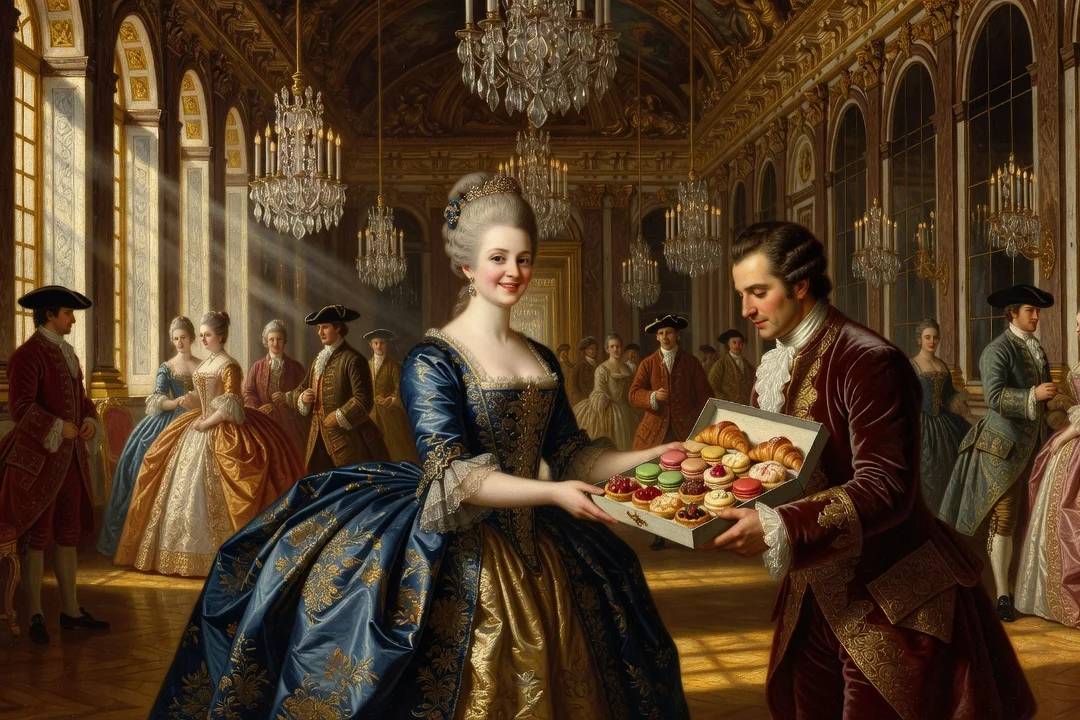 Scène de cour élégante à Versailles évoquant l'arrivée de pâtisseries lorraines offertes par Marie Leszczyńska
