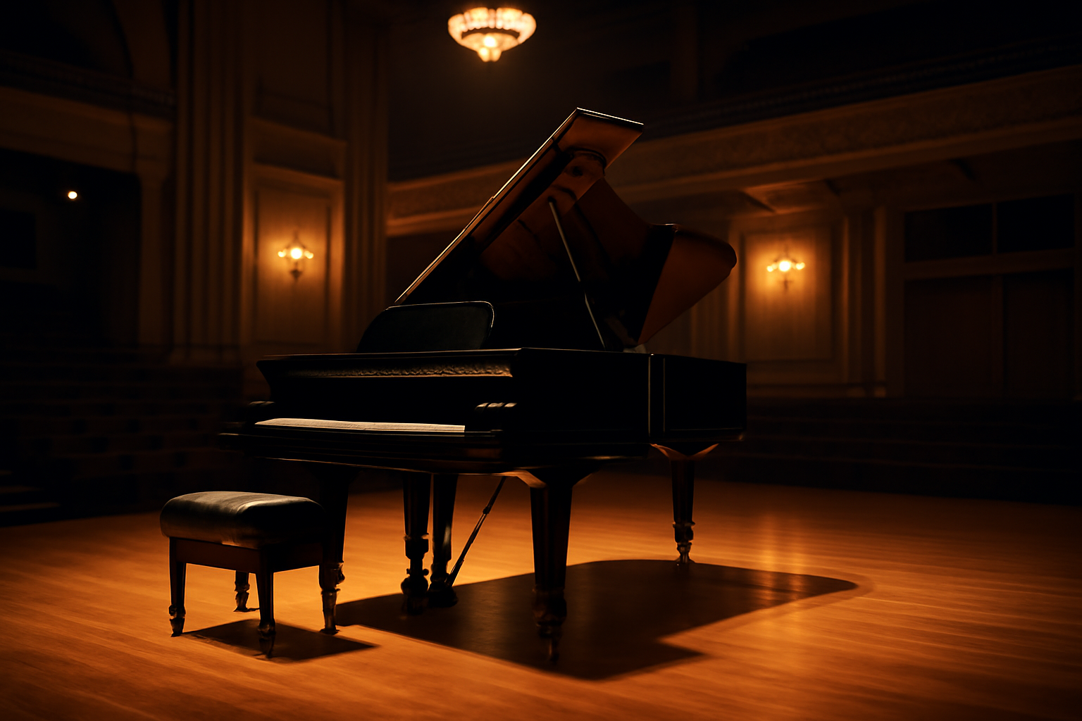 Piano à queue dans une salle de concert élégante évoquant l'héritage musical polonais