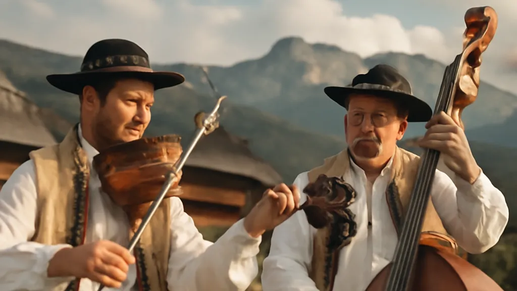 Musiciens traditionnels polonais du Podhale jouant du violon et d'instruments pastoraux