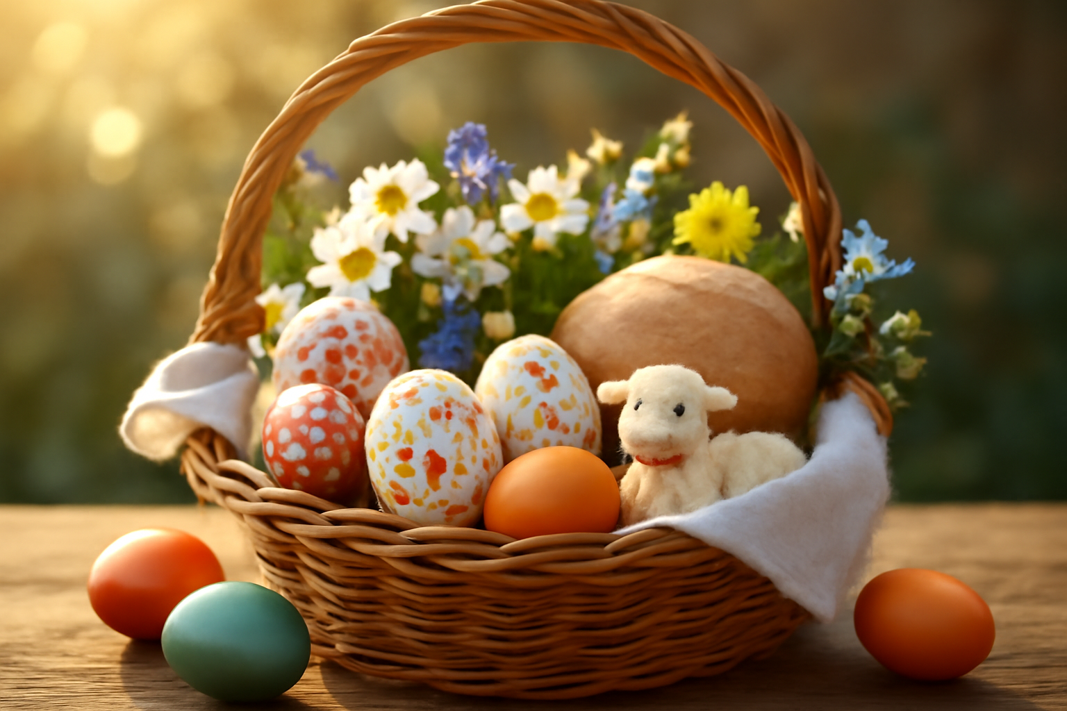 Panier pascal polonais traditionnel décoré avec des œufs peints pisanki et des fleurs