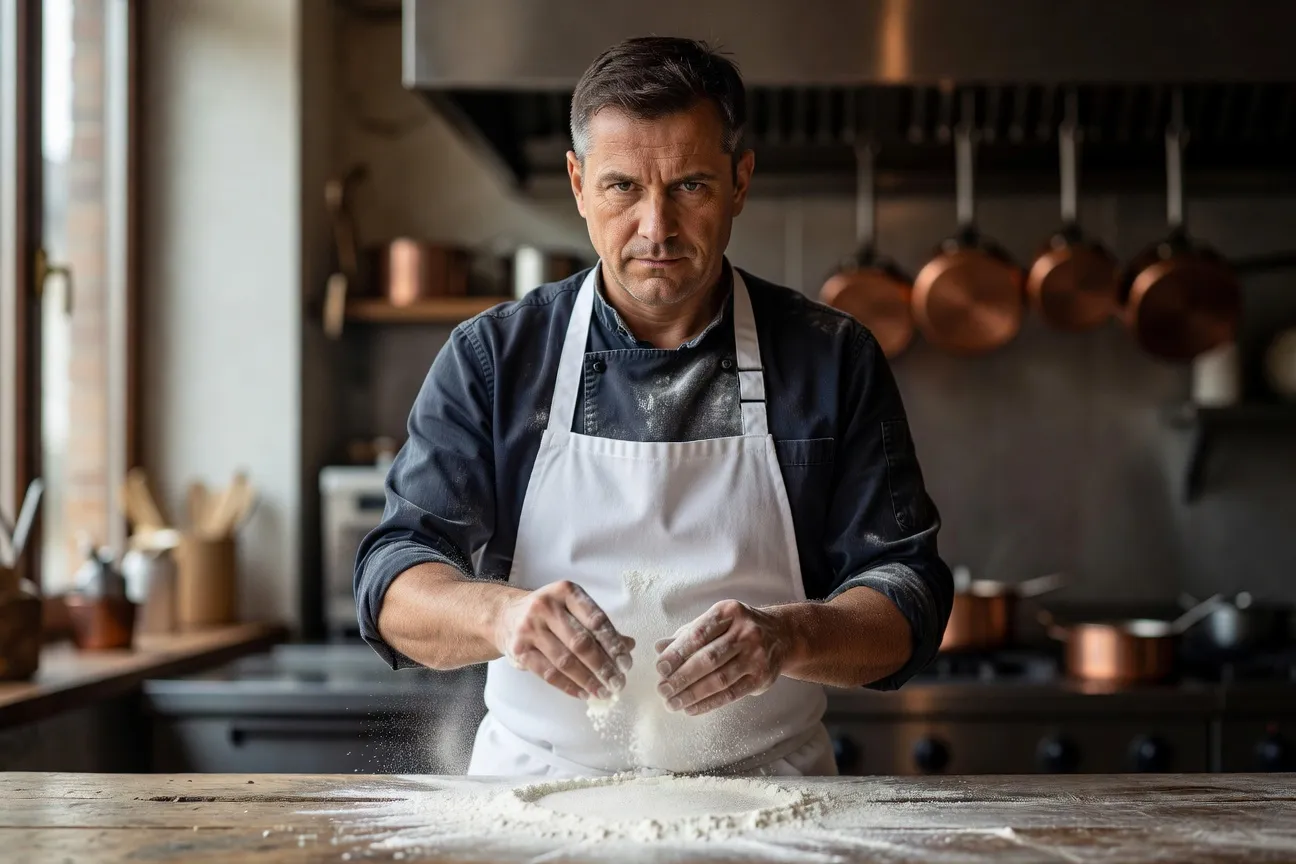 Portrait éditorial de Marek Wisniewski, chef polonais en cuisine professionnelle, tablier blanc et plan de travail farine
