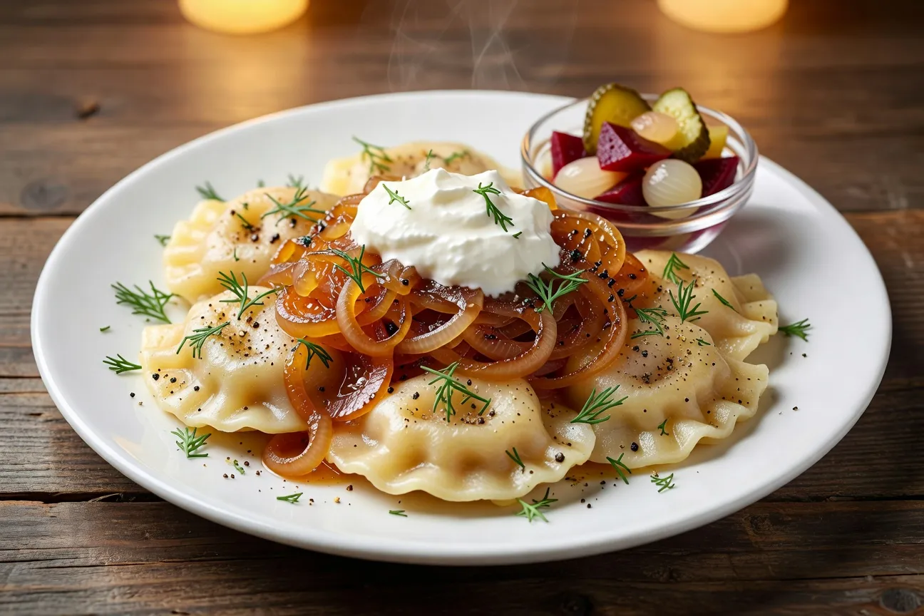 Plat de pierogi traditionnels avec smietana et oignons frits dorés
