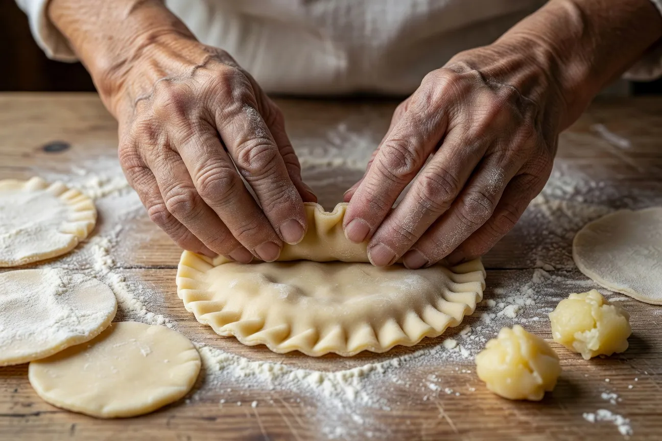 Gros plan technique pliage pierogi mains chef farine demi-lune