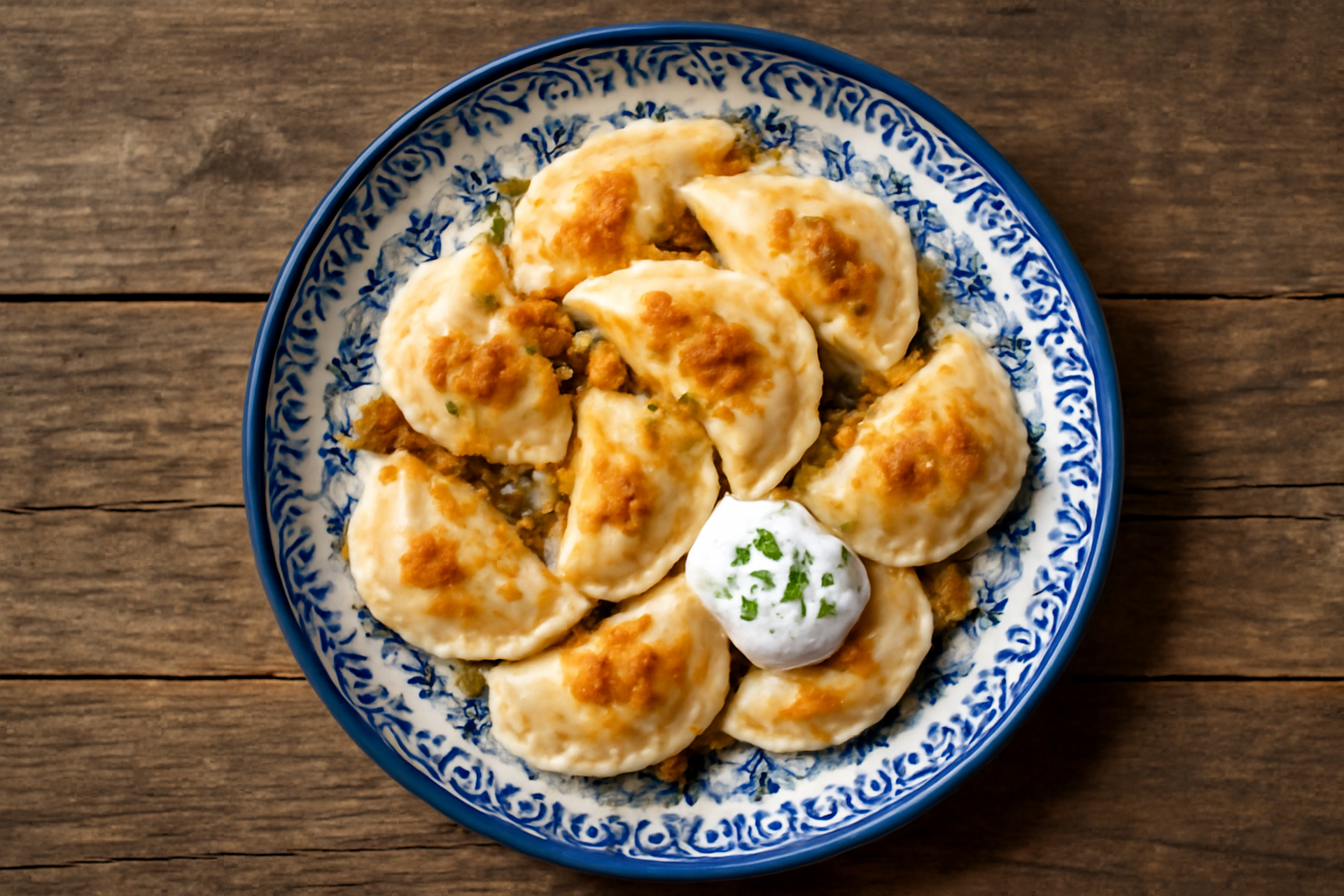 Assiette de pierogi polonais traditionnels garnis de crème et d'oignons dorés