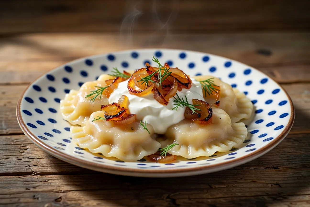 Pierogi traditionnels polonais avec creme aigre et oignons dores sur table en bois