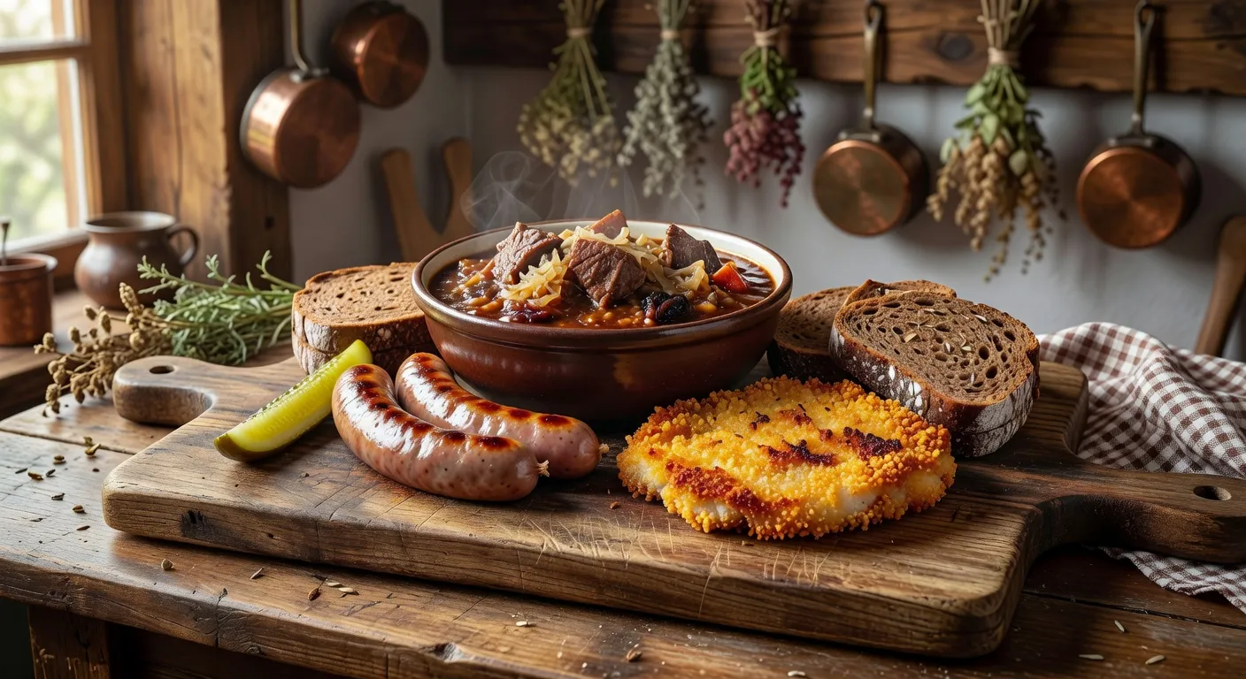 Plats polonais traditionnels bigos kotlet schabowy et kielbasa servis sur planche en bois
