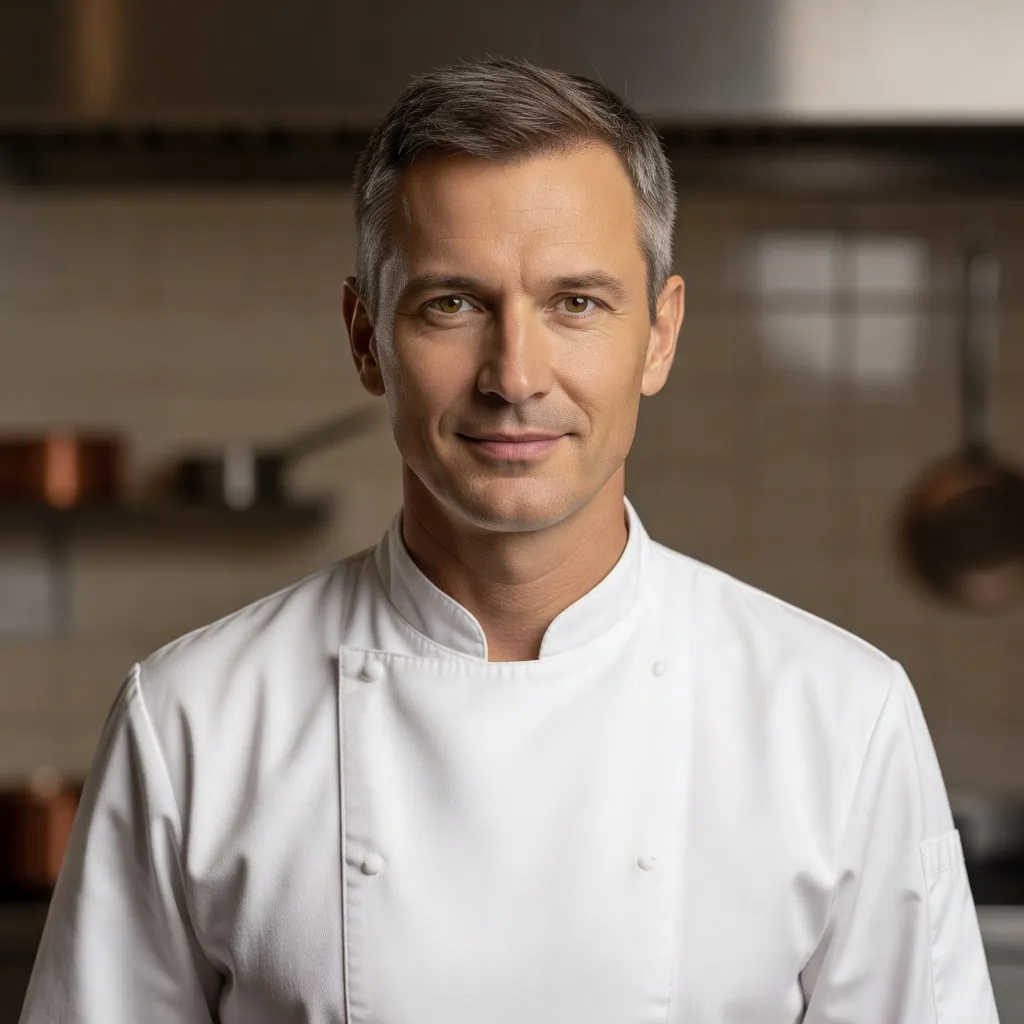 Portrait éditorial de Marek Wisniewski, chef polonais en cuisine professionnelle, tablier blanc