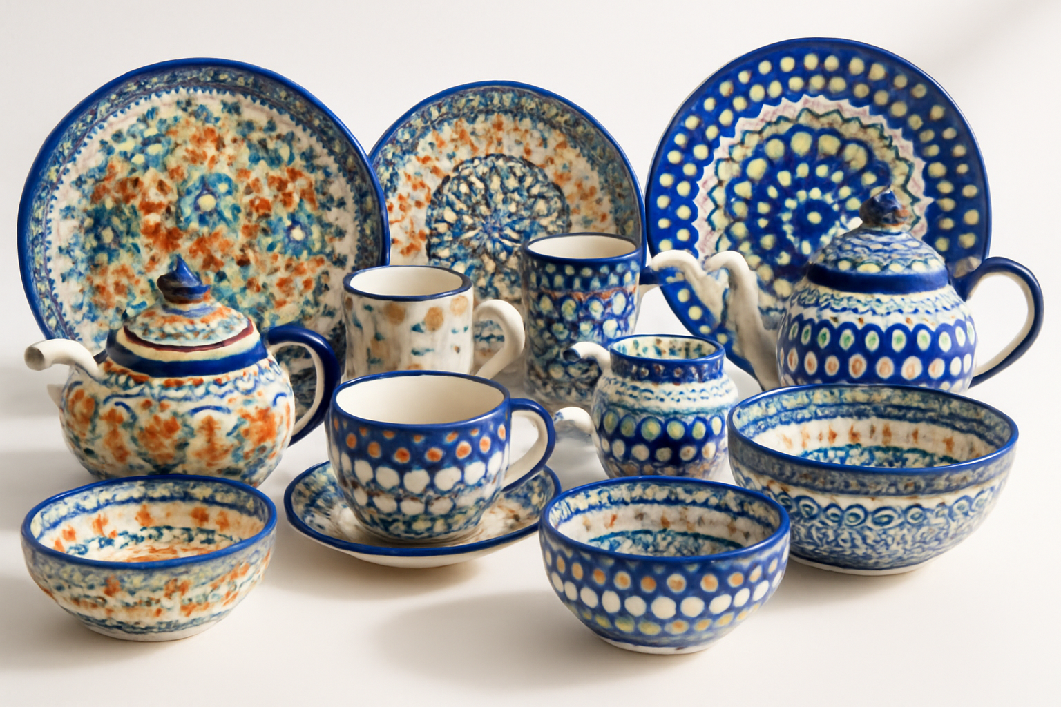 Collection de poterie de Bolesławiec avec ses motifs bleus et blancs caractéristiques