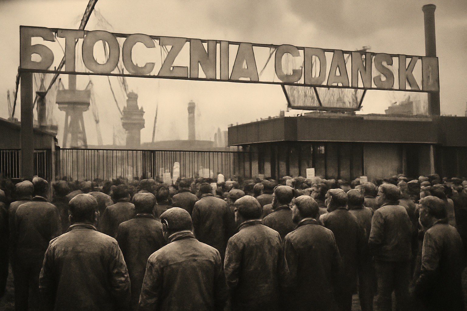 Logo emblématique de Solidarność avec des ouvriers des chantiers navals de Gdańsk