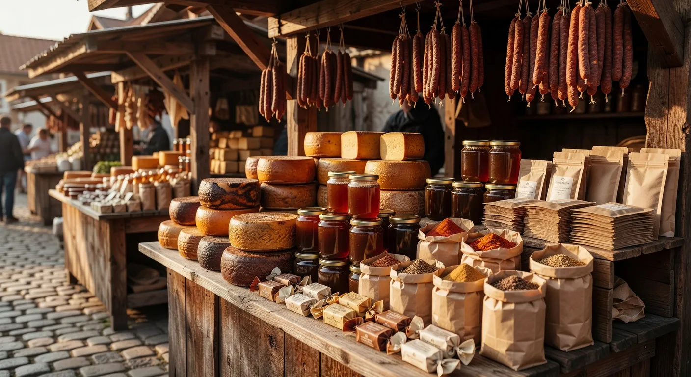 Produits gourmands polonais krowki oscypek et miel sur un marche traditionnel