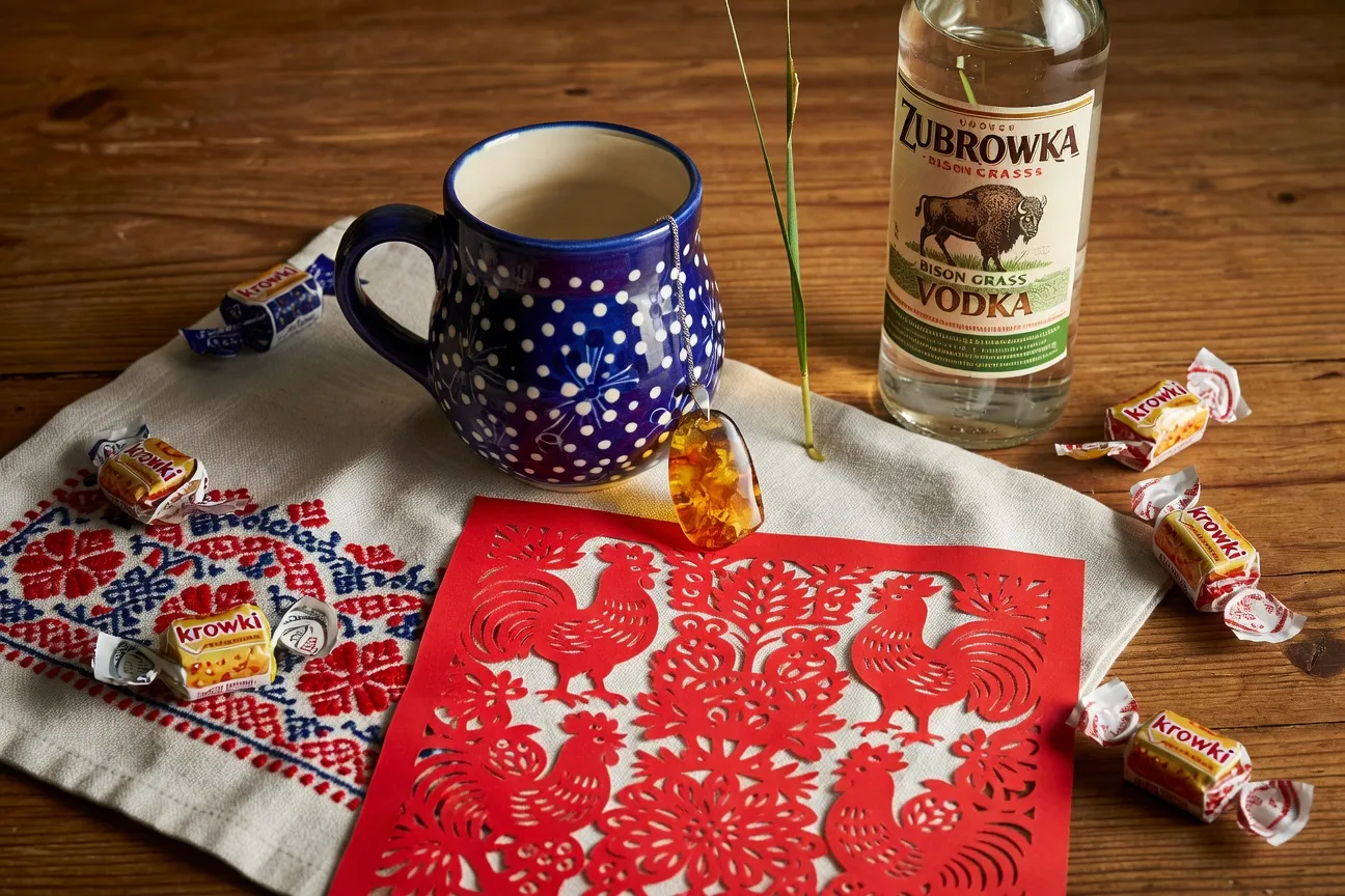 Sélection de souvenirs authentiques polonais : poterie, ambre, vodka et produits gastronomiques traditionnels