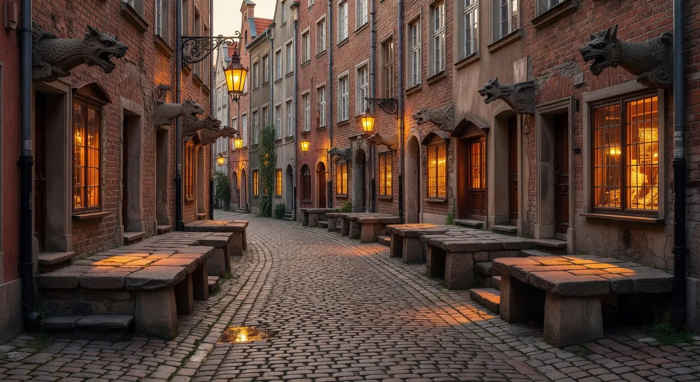 Rue Mariacka Gdansk pavee avec les vitrines des ateliers d ambre