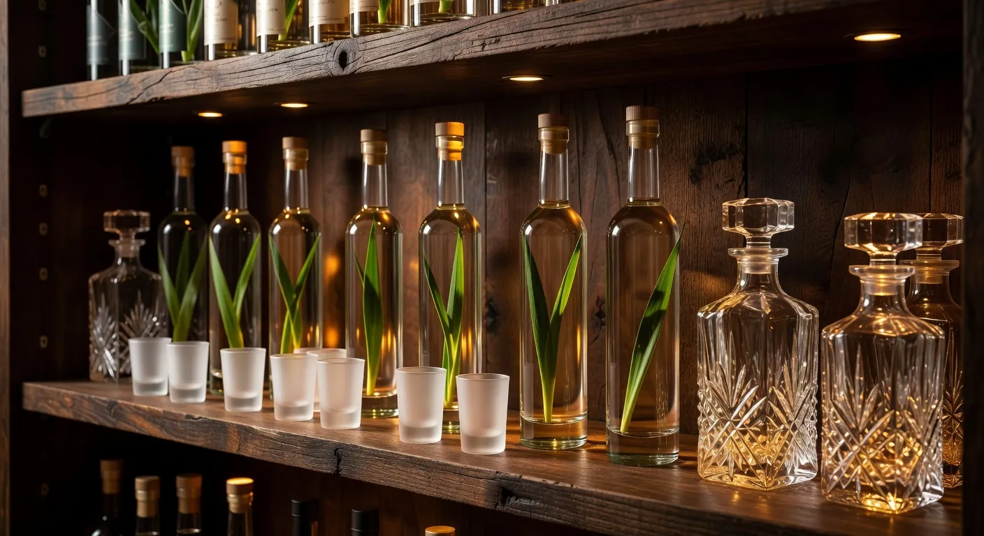 Bouteilles de vodka Zubrowka Chopin Belvedere sur un comptoir polonais avec verres givres