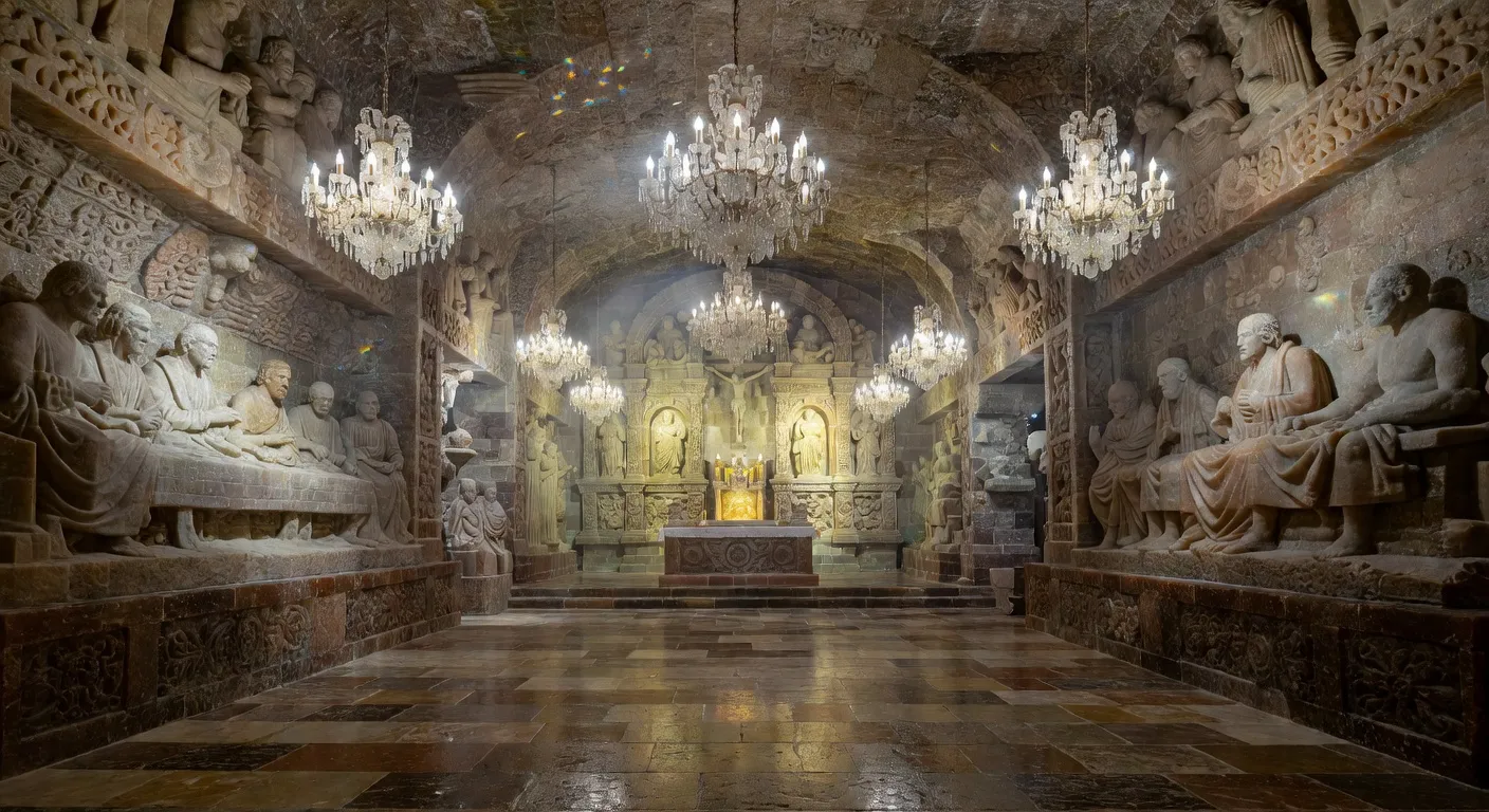 Mines de sel Wieliczka chapelle Sainte-Cunegonde sculptee dans le sel