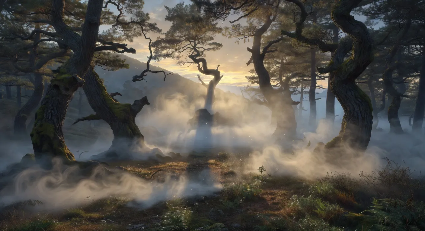 Forêt brumeuse des Carpates polonaises avec atmosphère fantasy évoquant l'univers de The Witcher