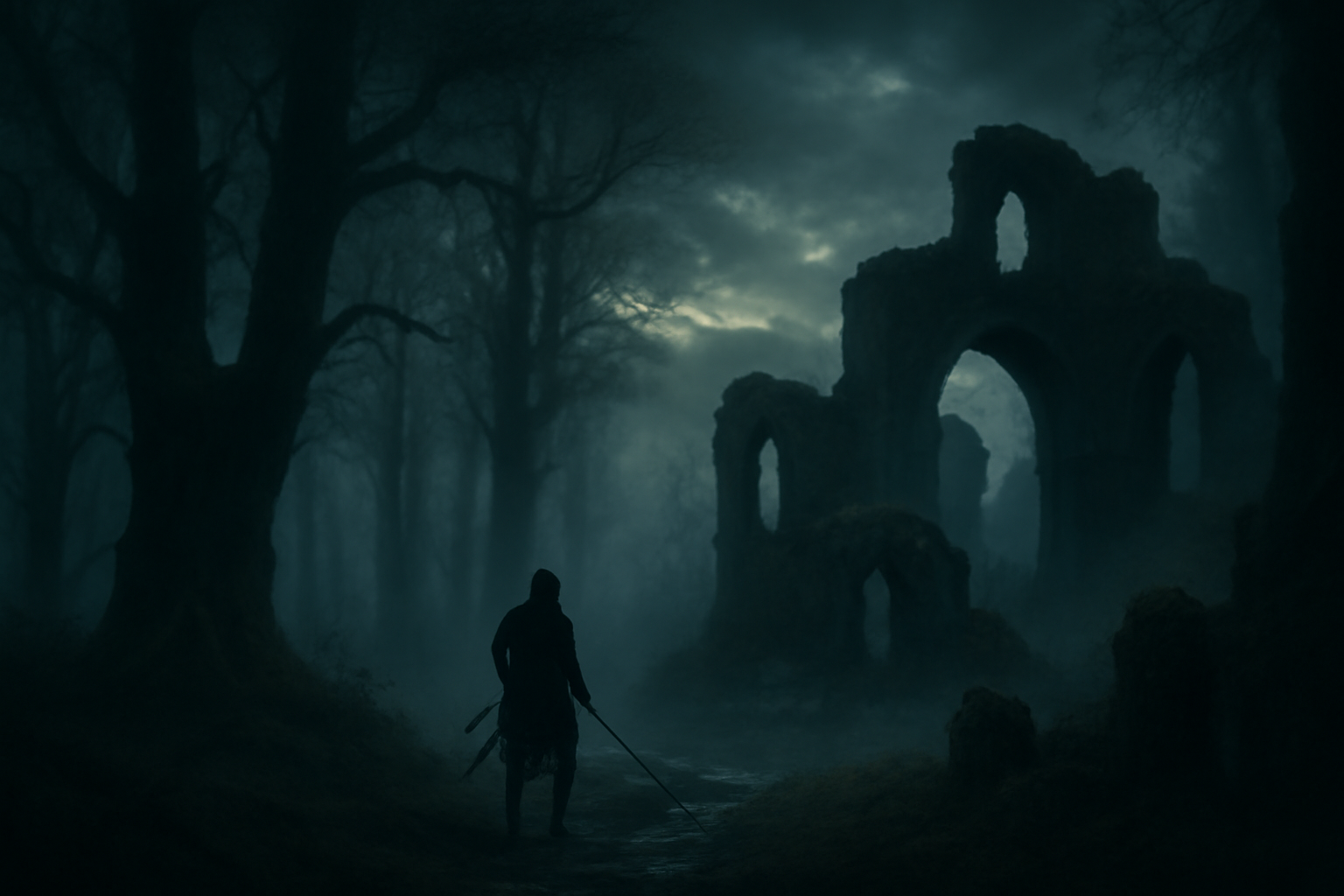 Paysage fantastique inspiré du folklore slave polonais évoquant l'univers de The Witcher